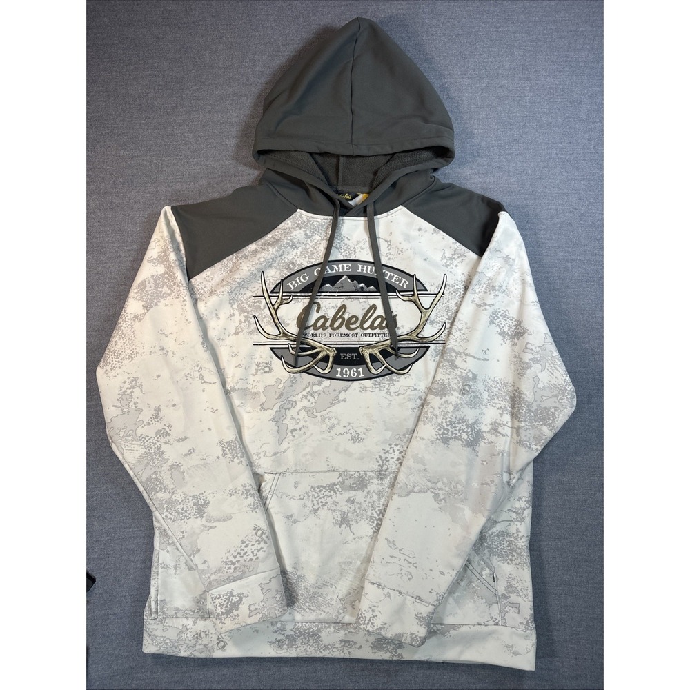 Cabela's Hoodie Men's Large Camo Pullover Sweatshirt Logo Gray White Outdoors